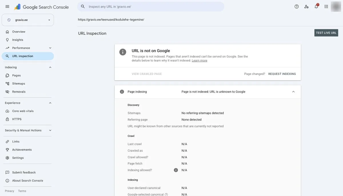 URL Inspection tulemus: URL is not on Google, URL is unknown to Google, paremal nupp Request indexing